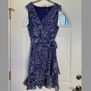 DKNY Womens Blue & White Pattern Sleeveless Ruffle Tie Dress, Size: 16, EUC